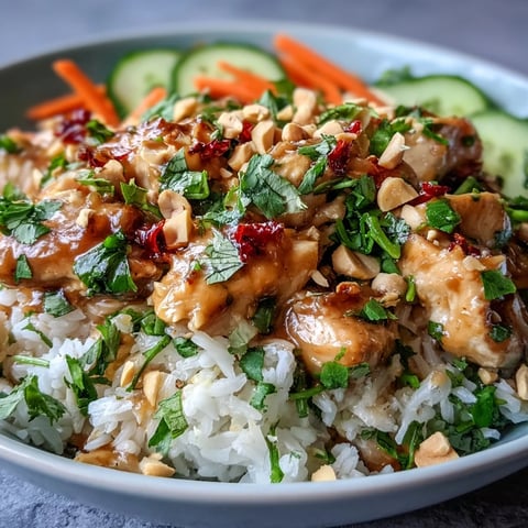Thai Peanut Chicken Bowl with tender chicken, fluffy coconut rice, crisp veggies, and creamy spicy peanut sauce.