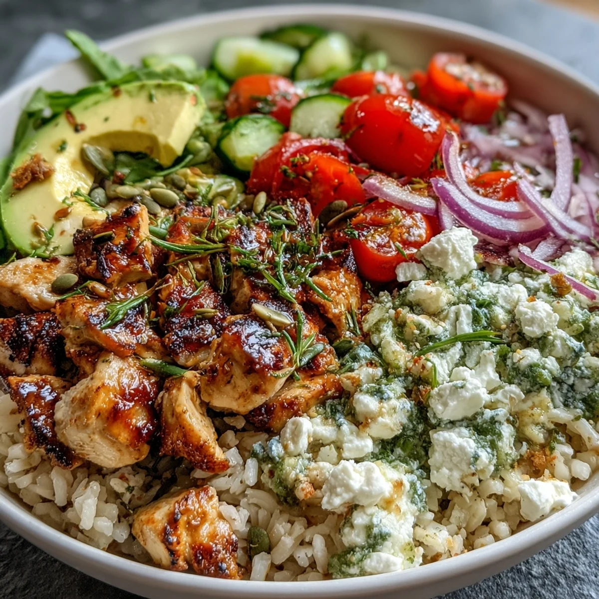 Ein getreidebasierte Schüssel mit Quinoa, Kichererbsen, Avocado und Tomaten, verfeinert mit einem Zitronen-Dressing und frischen Kräutern.