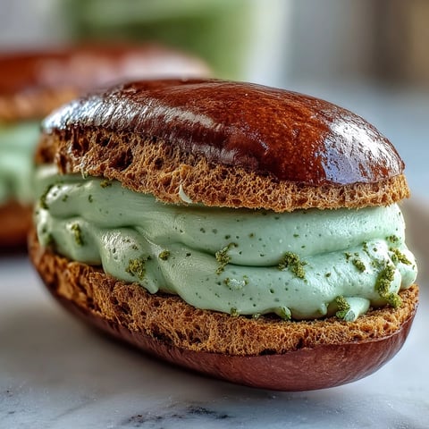 Silky Hojicha pastry cream in a glass bowl with a wooden spoon, ready to fill choux pastry puffs.