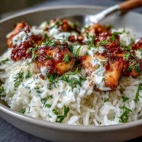 Würziges Coconut Chicken Rice Bowl mit saftigen Hühnchenstücken auf fluffigem Reis und cremiger Kokos-Sauce. 
