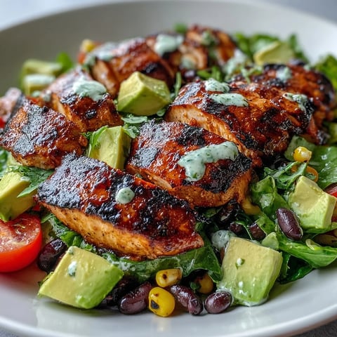 Vibrant High Protein Southwest Chicken Salad with grilled chicken, black beans, corn, and creamy avocado on romaine.