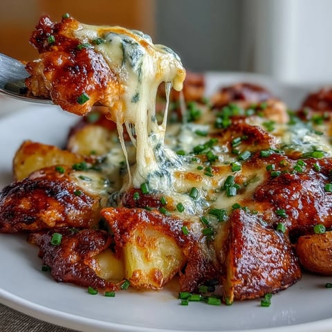 Buffalo Ranch Chicken Potato Bake with golden, crispy baby potatoes, juicy chicken breasts, and a melty cheddar topping.