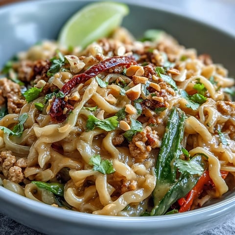 Cremige Thai-inspirierte Erdnudel-Nudelschüsseln mit knusprigen Kanten und duftendem Koriander.