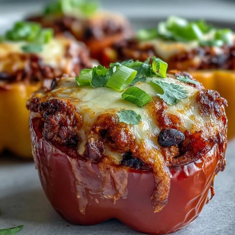 Gefüllte Paprika mit Baked Chili Mac, überbacken mit geschmolzenem Cheddar und Koriander garniert.