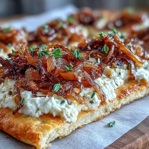 Goldene Ziegenkäse-Fladenbrot-Platte mit zuckrigen, karamellisierten Zwiebeln und einem Hauch Chili, ideal als warmer, vegetarischer Appetizer.