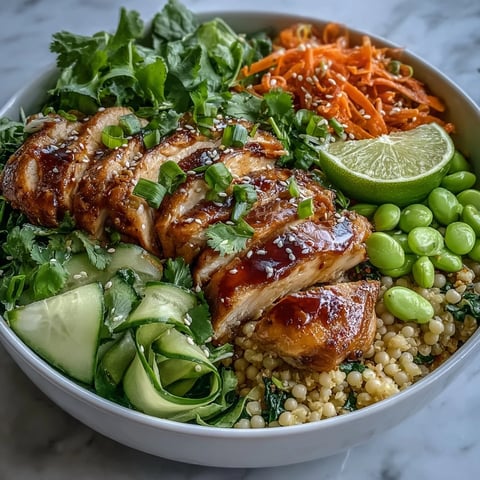 Sesame Ginger Chicken Couscous Bowls mit flachem Schnitt: goldene Hähnchenstreifen, knackige Gurken und bunte Möhren auf dem Bett aus Couscous.