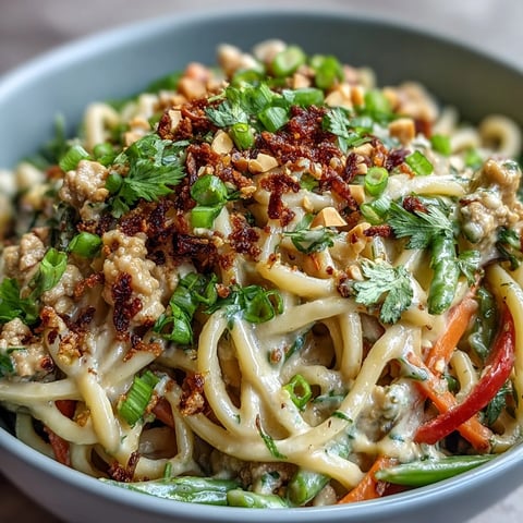 Cremige Thai-inspirierte Peanut Noodle Bowls mit knackigem Gemüse und gehackten Erdnüssen garniert.