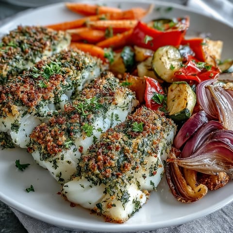 Herb-Crusted Baked Cod fillets roasted to perfection alongside colorful vegetables on a baking sheet.