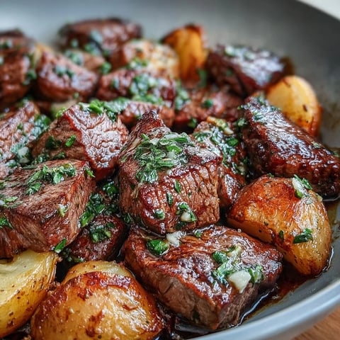 Crispy potatoes and steak bites in a garlic butter sauce garniert mit Petersilie, serviert in einer heißen Pfanne.