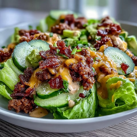 Keto-Bacon-Käseburger-Salat mit Avocado und Gurken in einer Schüssel, mit saftigem Rindfleisch, knusprigem Speck und cremiger Avocado belegt.