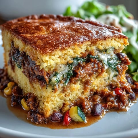 Vegane Taco-Pfanne mit schwarzen Bohnen und Maisbrot-Topping: herzhafte Füllung mit gewürzten Bohnen unter goldener, fluffiger Maisbrotschicht.