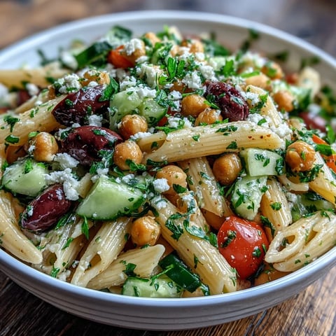 Mediterrane Kichererbsen-Nudelsalat mit Gurke und Oliven in einer Schüssel mit Zitronen-Kräuter-Dressing.