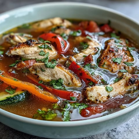 Leichte Ein-Topf-Hähnchen-Fajitasuppe mit Zucchini und Paprika in einem Topf, gefüllt mit zartem Hähnchen, bunten Paprika und aromatischen Fajita-Gewürzen.  