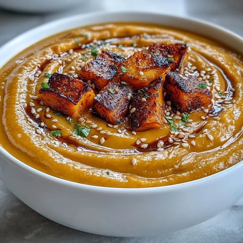 1. Eine cremige Miso-Butternusskürbissuppe mit geröstetem Kürbis, aromatischem Gemüse und würzigem Miso für einen wohltuenden, umami-reichen Geschmack.  