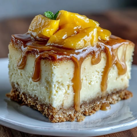 1. Genussvoller Mango-Käsekuchen mit cremiger Füllung und frischem Mangopüree, dekoriert mit glänzendem Mangocoulis für ein tropisches Geschmackserlebnis.