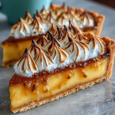 Leuchtend gelbe Passionsfruchtcreme in einer knusprigen Butterteigform, gekrönt von goldener, luftiger Baiserhaube. Ein erfrischendes Dessert für besondere Anlässe.  