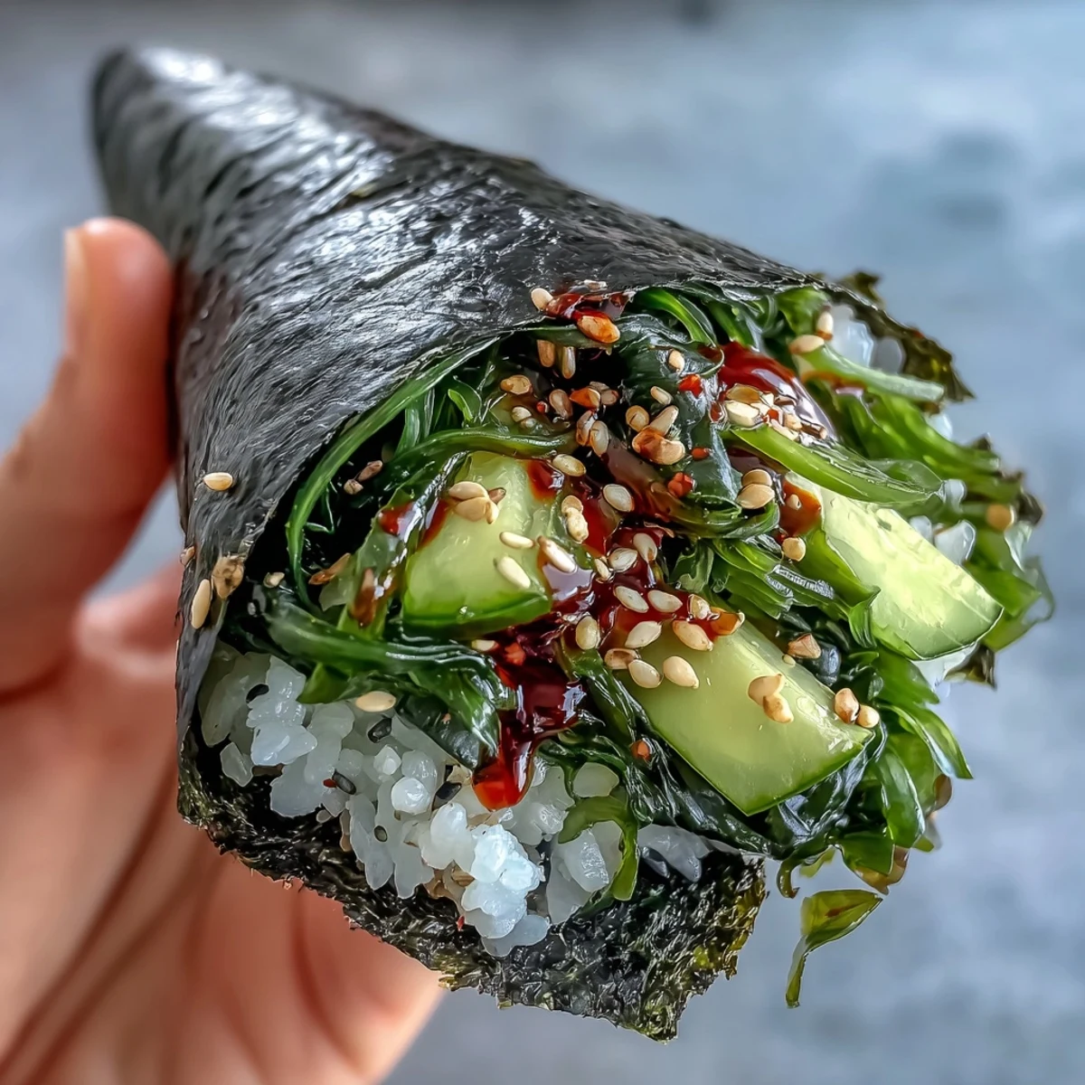 1. **Frische Seetang-Salat-Sushi-Handrollen mit knusprigem Nori, gewürztem Reis und würziger Mayo-Drizzle.**  