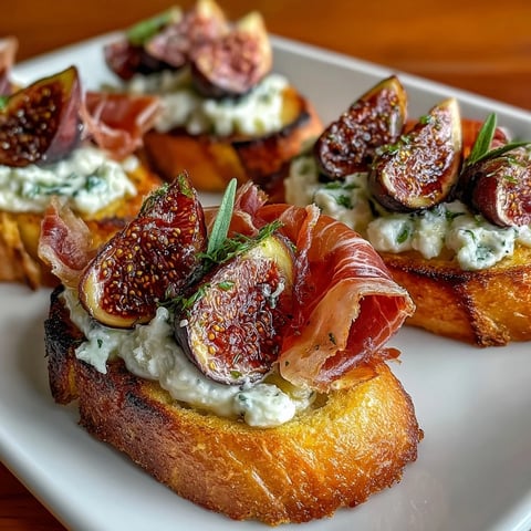 Köstliche Crostini mit knusprigem Brot, luftgetrocknetem Prosciutto und süßen, saftigen Feigen—perfekt für jeden Anlass.