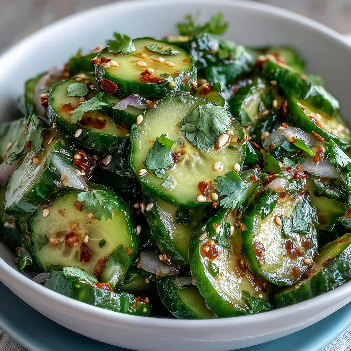 1. Ein erfrischender Chili-Limetten-Gurkensalat mit dünn geschnittenen Gurken, roten Zwiebeln und frischem Koriander in einer scharf-frischen Limettendressing.