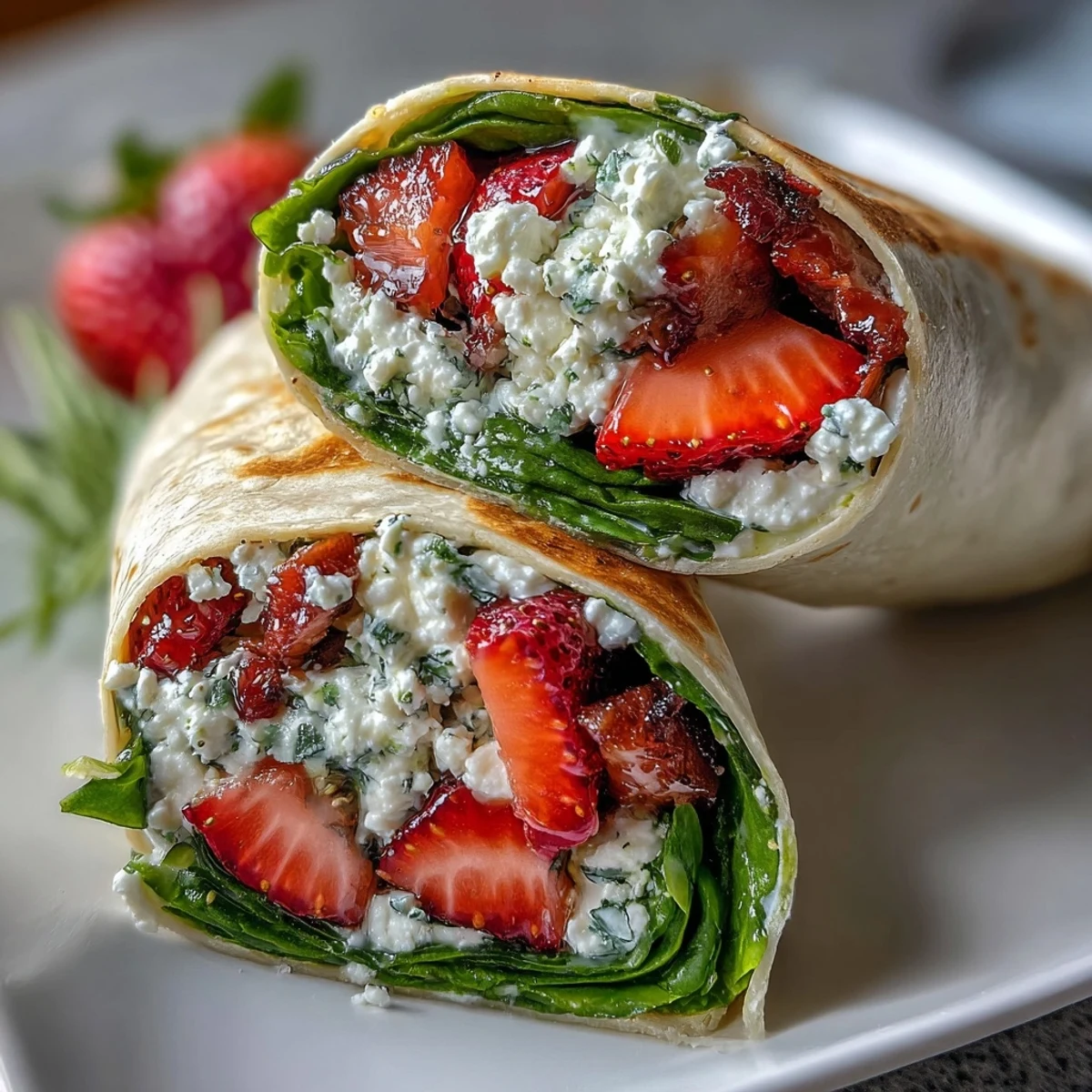 1. Frische Erdbeer-Spinat-Wraps mit Ziegenkäsekrümeln, gefüllt mit bunten Gemüsesorten und Balsamico-Glasur.