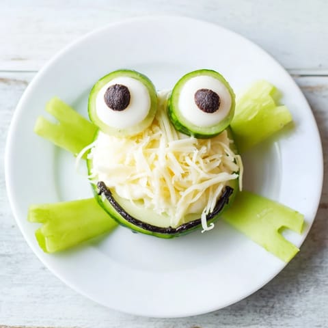 Frog Pond Snack Tray with mozzarella frogs, blueberries, grapes and veggies on a platter.