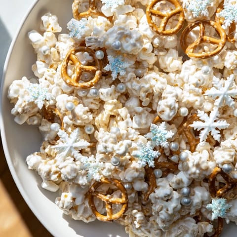 Ein Foto von knusprigem Ski Season Snowflake Snack Mix, mit weißen Schokoladenüberzügen und bunten Streuseln.