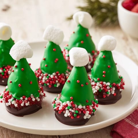 Delicious close-up of Elf Hat Chocolate Dipped Strawberries, a festive, melt-in-your-mouth Christmas dessert.