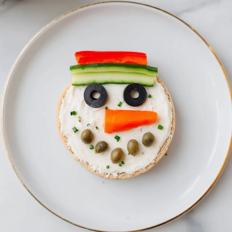 Close-up of adorable snowman mini bagel sandwiches, decorated for a fun, kid-friendly lunch or snack.