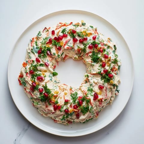 Creamy red pepper and spinach dip wreath, perfect as a vibrant vegetarian appetizer for a party.