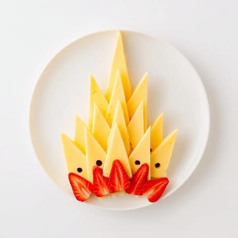Picture a fun Retro Rocket: cheese rocket with strawberry flames ready for snack time.