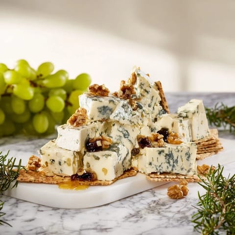 "Explore The Blue Ridge Mountains: decadent blue cheeses with honey and walnuts on a crisp cracker spread."