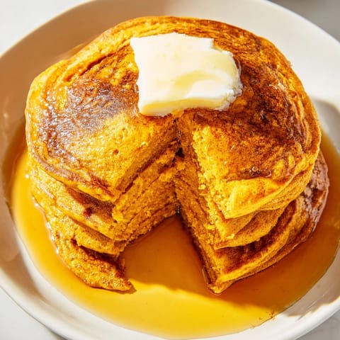 Warm, golden Fluffy Pumpkin Spice Pancakes, perfect for a cozy fall morning with family and friends.