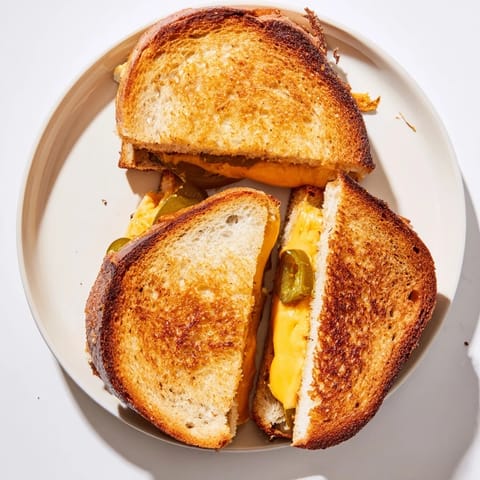 Auf einem rustikalen Holztisch steht ein hauchdünnes Cheddar Jalapeño Grilled Cheese, zwischen den Brotkrumen schmilz der scharfe Käse, serviert mit Tomatensuppe im Hintergrund.