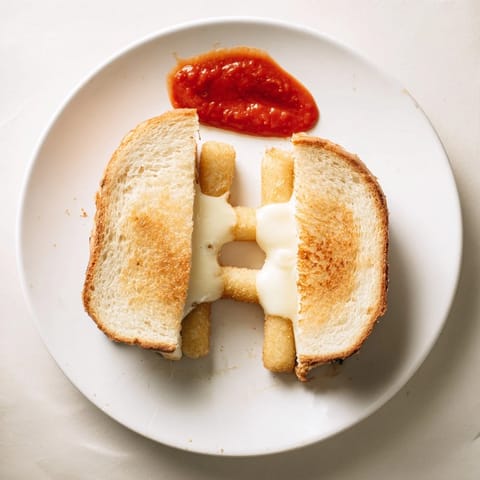 Mozzarella Stick Grilled Cheese sandwich mit knusprigen Sticks und geschmolzenem Käse, serviert auf goldenem Brot.