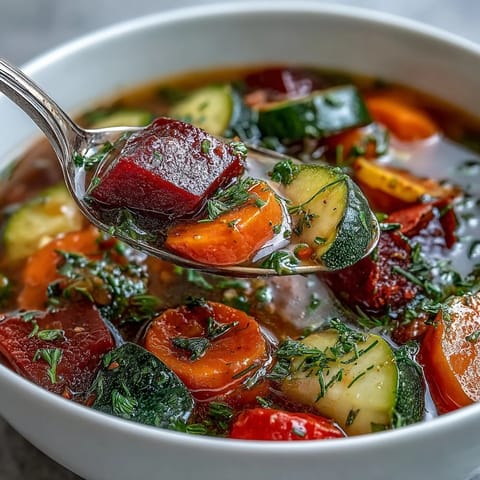 Steaming bowl of Rainbow Vegetable Detox Soup topped with parsley and dill, served alongside whole-grain bread.  