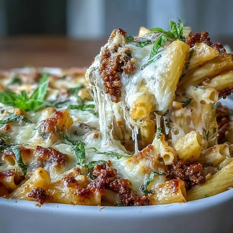 Saftiger Nudelauflauf mit Rindfleisch, Gemüse und geschmolzenem Käse, perfekt für ein Abendessen.