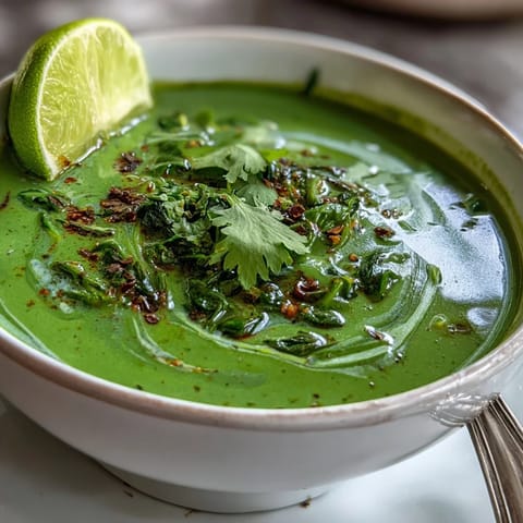 Helle Spinat Coriander Lemongrass Suppe mit lemongrass-würziger Note, serviert mit Korianderblättern und Limettenspalten.