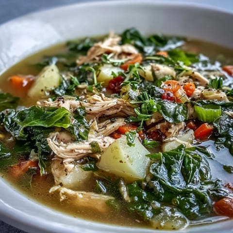 Hearty Collard Greens, Chicken and Vegetable Soup served with rustic bread for dipping.