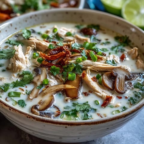 Aromatic Authentic Tom Kha Gai simmering in a pot, featuring lemongrass-infused coconut broth and fresh Thai chilies for heat.
