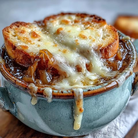 Classic French Onion Soup bubbling under the broiler, crowned with golden, gooey Gruyère on toast.