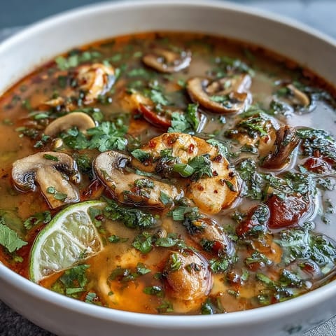 Frisch zubereitetes Tom Yum Gai mit Koriander garniert, serviert in einer Schüssel neben einer Limette.