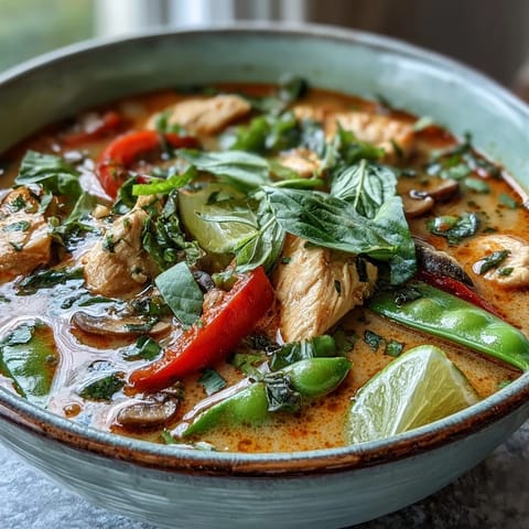 A vibrant bowl of Thai Chicken Coconut Curry Soup with red bell peppers, mushrooms, and snow peas beside chopsticks