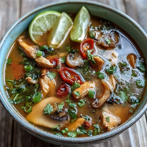 Scharfe Tom Yum Chicken Suppe mit Pilzen, Tomaten und Koriander garniert.