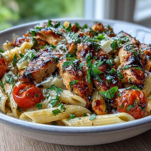 Goldbraun gebratenes Hähnchenfilet auf Al-dente-Pasta mit glasigen Zwiebeln und knusprigem Balsamico-Topping.