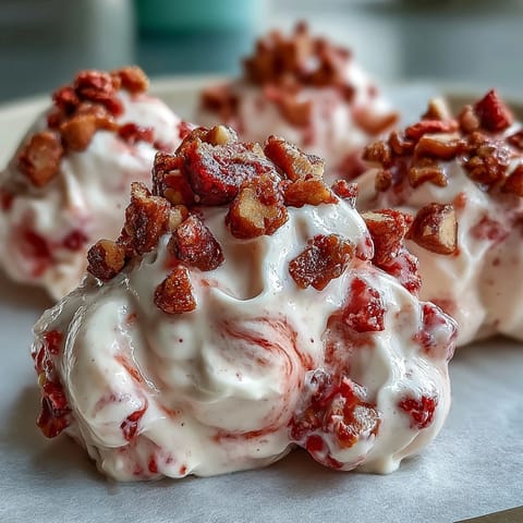 Homemade Strawberry & Banana Yoghurt Clusters ready to eat, offering a vegan-friendly, gluten-free frozen dessert with crunchy banana chips and tart strawberry pieces.