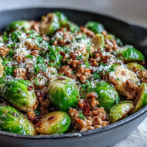Eine dampfende Pfanne voller Brussels Sprouts & Ground Turkey Skillet mit Parmesan und Petersilie garniert.