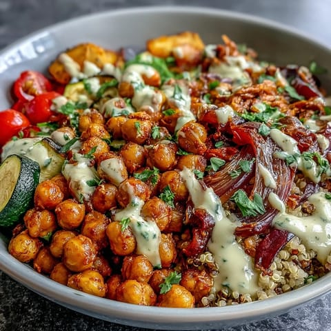 Herzhafte Kichererbsen-Power-Bowl mit Quinoa, Farben und cremigem Tahini für eine sättigende Mahlzeit.