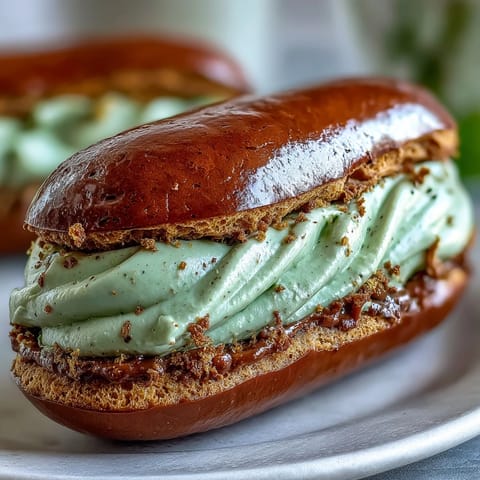 Golden cream puffs filled with Hojicha pastry cream, dusted with powdered sugar on a white plate.