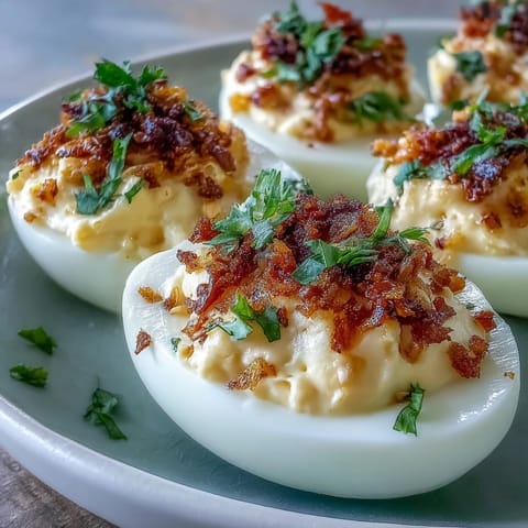Two halves of a Spicy Chili Garlic Deviled Egg showing a creamy, smooth filling and a crunchy sesame topping.