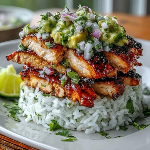 Eine angerichtete Portion der Honey Lime Chicken & Avocado Rice Stack mit grüner Salsa, Reis und Goldbraunem Hähnchen.